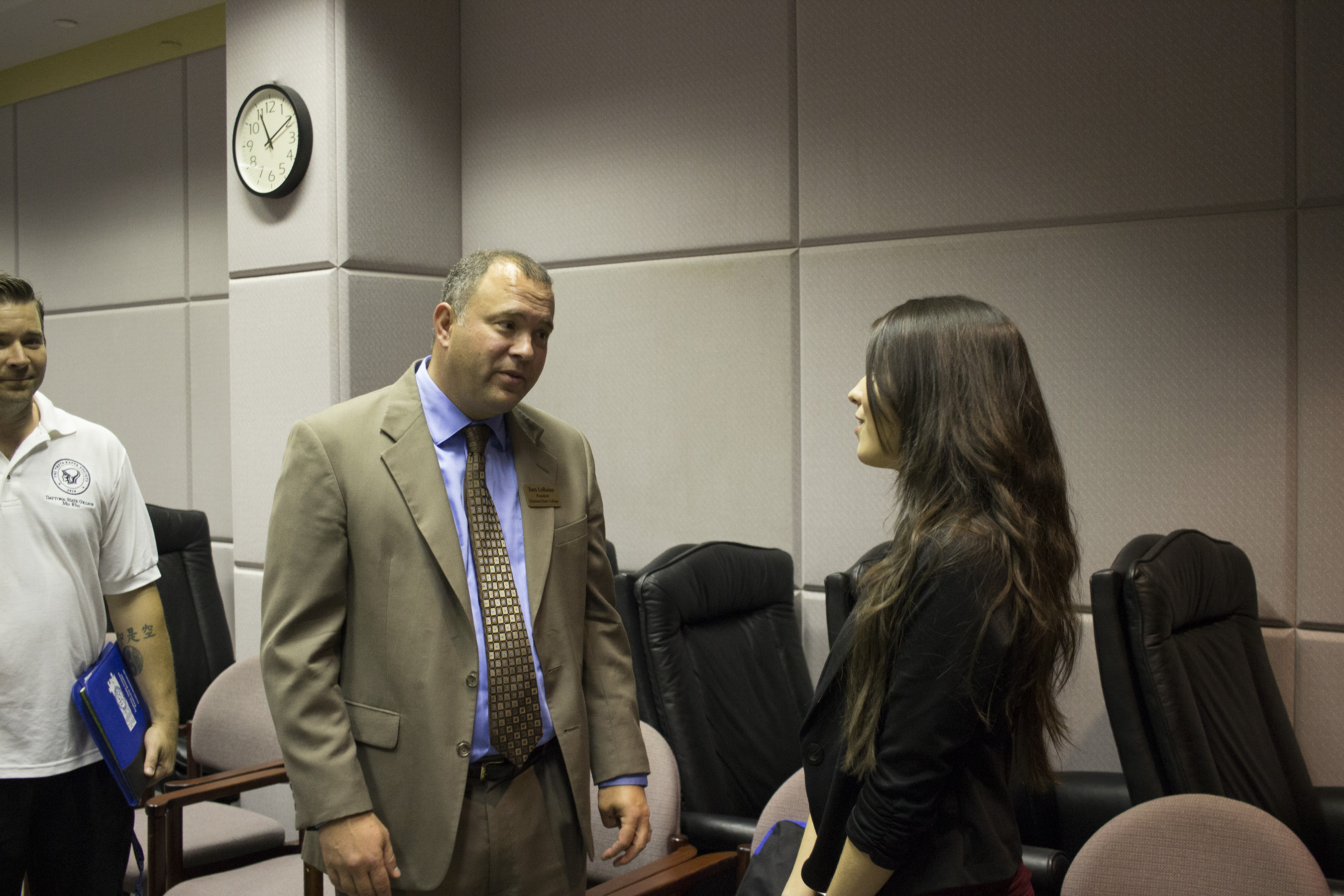 DSC President, Tom LoBasso congratulates DSC Student - PTK President Melissa Diaz after she is announced the winner of the national Jack Kent Cooke Foundation Undergraduate Transfer Scholarship.
